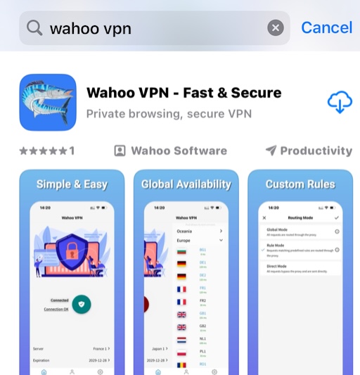 Paso 1: Ícono de la aplicación Wahoo VPN en la pantalla de inicio de iOS